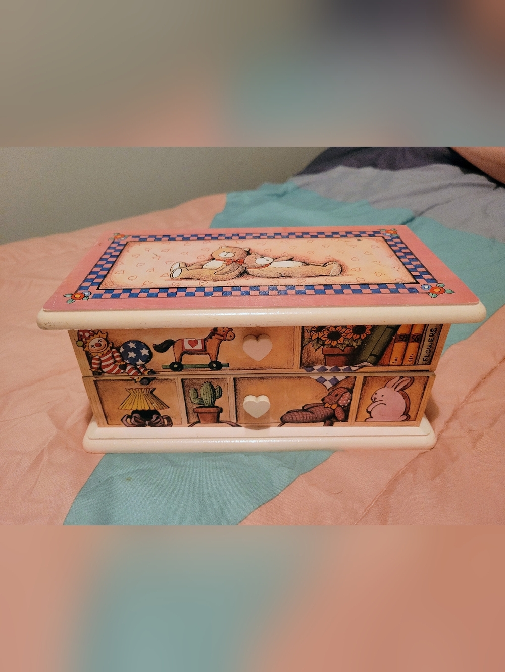 Vintage Teddy Bear Themed Wooden Jewelry Box in Pastel Pink